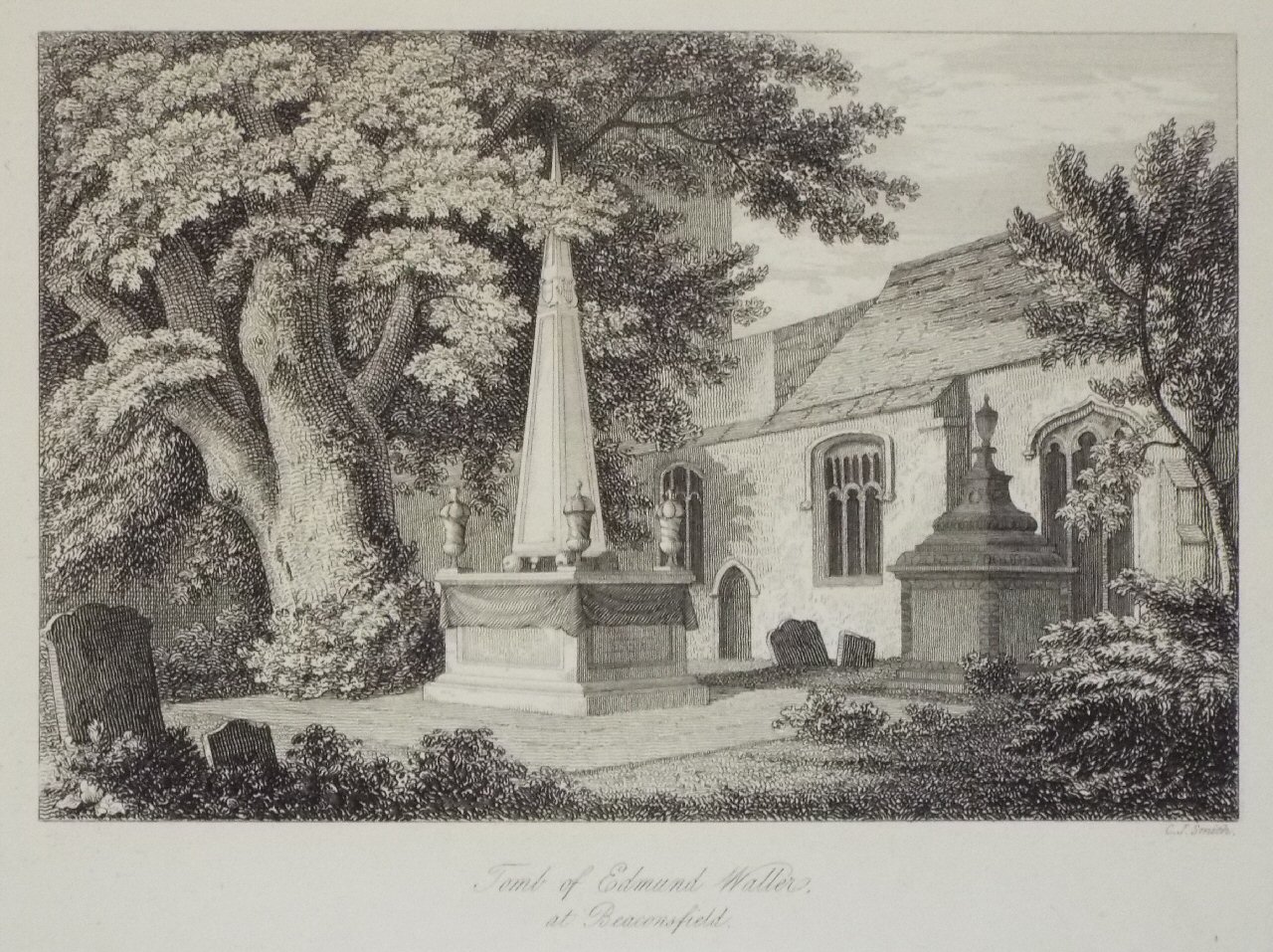 Print - Tomb of Edmund Waller, at Beaconsfield. - Smith